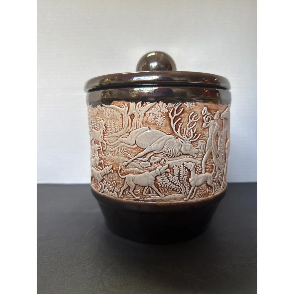 Vintage Fox Hunt Ceramic Cookie Jar Canister Embossed Equestrian Scene Brown